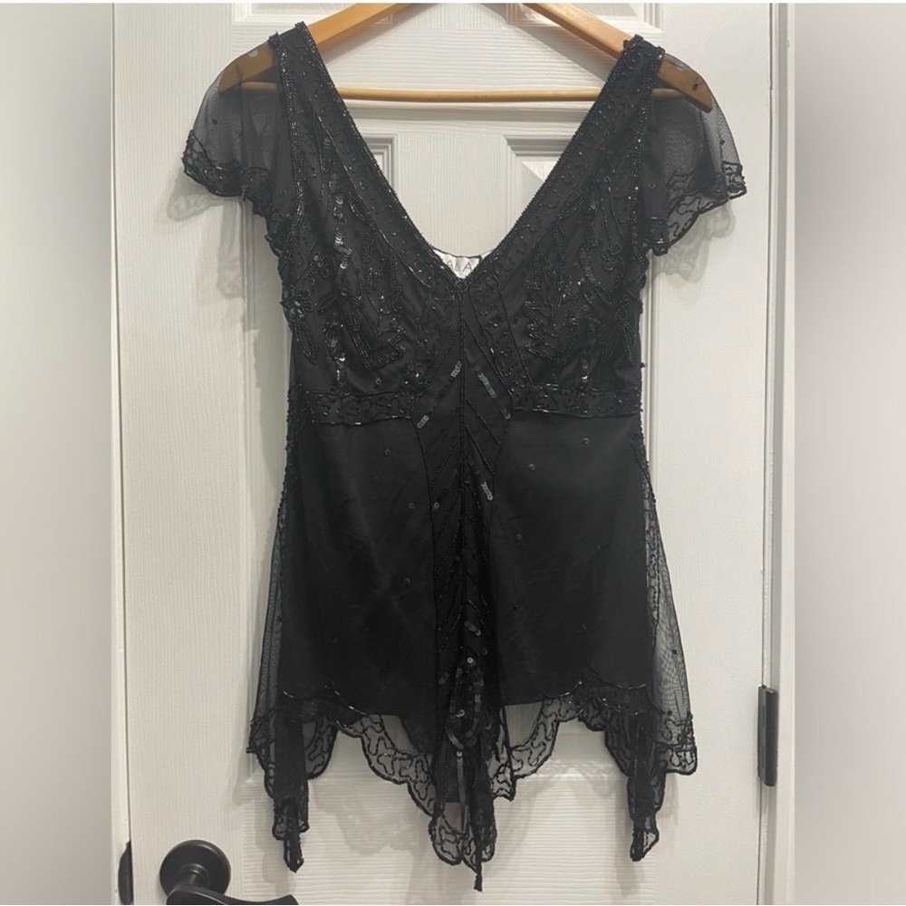 Vintage Scala Beaded Sequins Black Top Asymmetrical Whimsigoth Fairy Goth Large